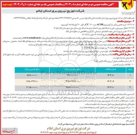 مناقصه خرید هادی روکش دار آلومینیوم acsr ... - نوبت دوم 