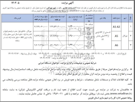 مزایده فروش سه باب واحد تجاری