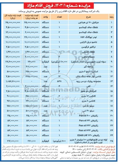 مزایده فروش اقلام مازاد، جرثقیل 70 تن هیتاچی ...