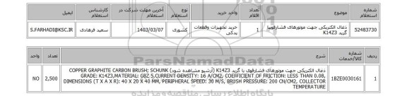 استعلام، ذغال الکتریکی جهت موتورهای فشارقویبا گرید K14Z3