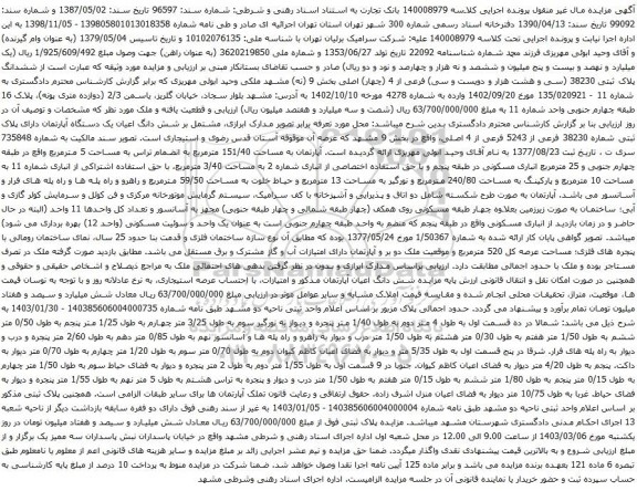 آگهی مزایده ششدانگ پلاک ثبتی 38230 (سی و هشت هزار و دویست و سی) فرعی از 4 (چهار) اصلی بخش 9 
