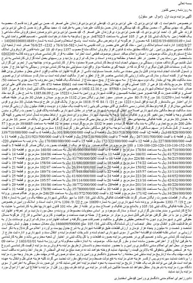 مزایده فروش ملک مشاعی ( یک قطعه زمین  به پلاک ثبتی 16 فرعی از 105 اصلی به مساحت 8702/5متر مربع )
