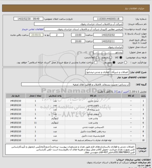 استعلام اتصالات و شیرآلات فولادی و چدنی-نیشابور