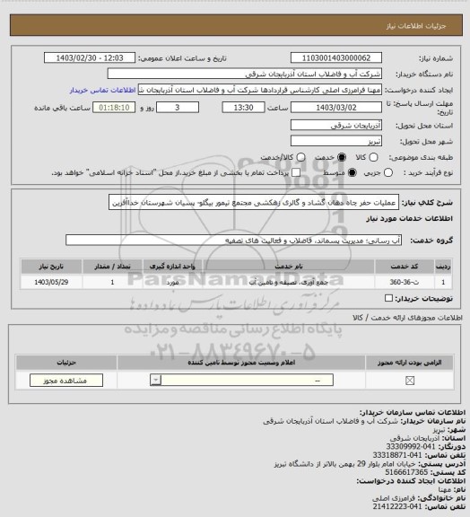 استعلام عملیات حفر چاه دهان گشاد و گالری زهکشی مجتمع تیمور بیگلو- پسیان شهرستان خداآفرین