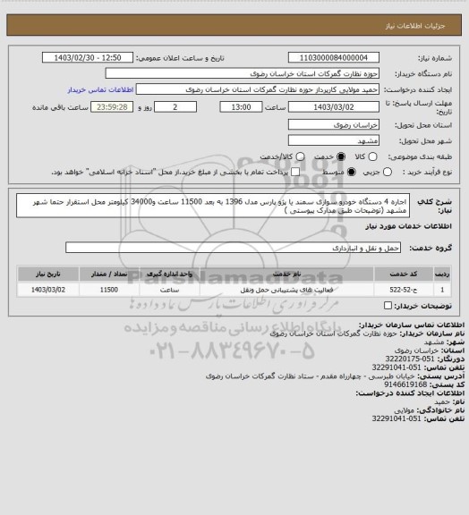استعلام اجاره 4 دستگاه خودرو سواری سمند یا پژو پارس مدل 1396 به بعد 11500 ساعت و34000 کیلومتر محل استقرار حتما شهر مشهد (توضیحات طبق مدارک پیوستی )