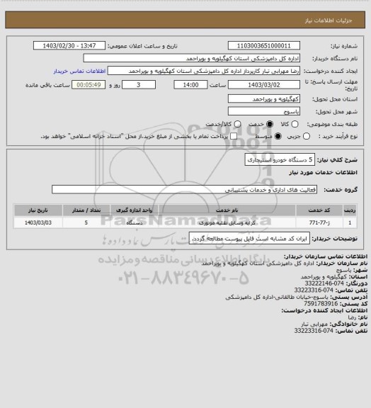 استعلام 5 دستگاه خودرو استیجاری