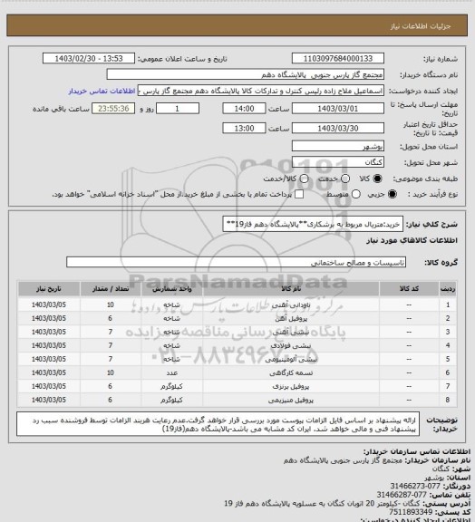 استعلام خرید:متریال مربوط به برشکاری**پالایشگاه دهم فاز19**