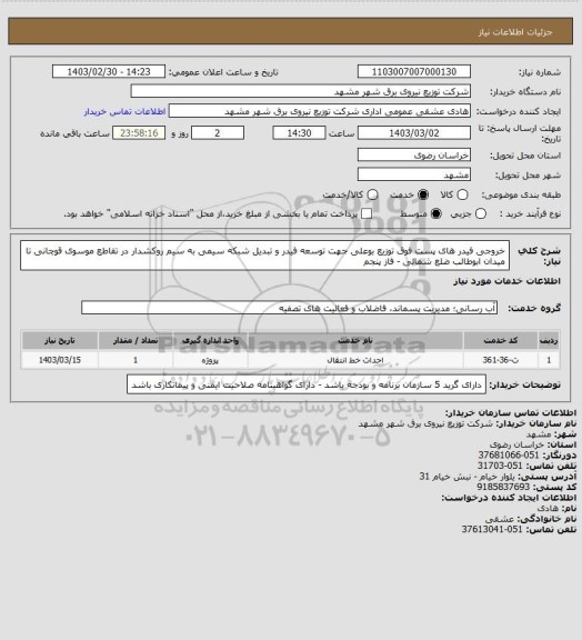 استعلام خروجی فیدر های پست فوق توزیع بوعلی جهت توسعه فیدر و تبدیل شبکه سیمی به سیم روکشدار در تقاطع موسوی قوچانی تا میدان ابوطالب ضلع شمالی - فاز پنجم