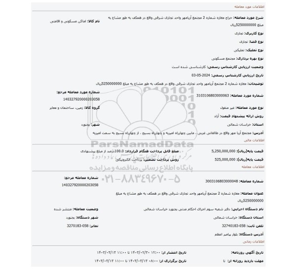مغازه شماره 2 مجتمع آریامهر واحد تجاری شرقی واقع در همکف به طور مشاع به مبلغ 5250000000ریال