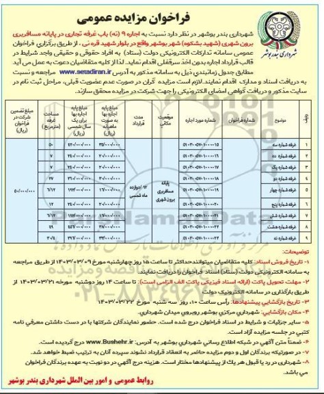 مزایده اجاره نه باب غرفه تجاری