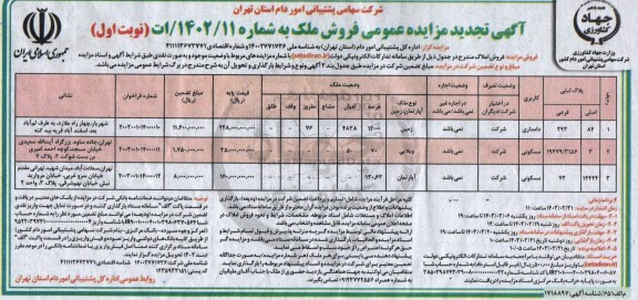 تجدید مزایده عمومی فروش املاک