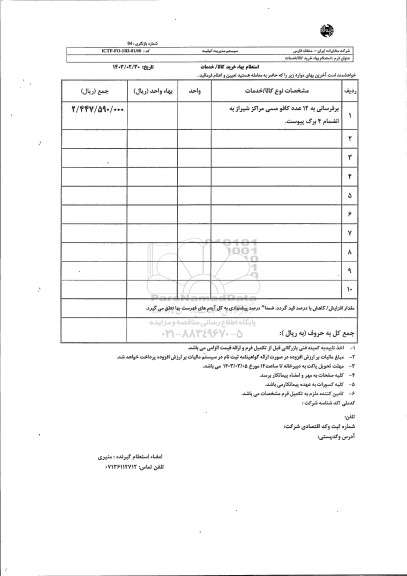 استعلام برقرسانی به 12 عدد کافو مسی 