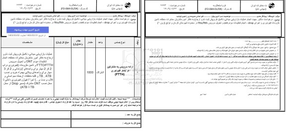 استعلام ارائه سرویس به مشترکین در بستر فیبر نوری FTTH