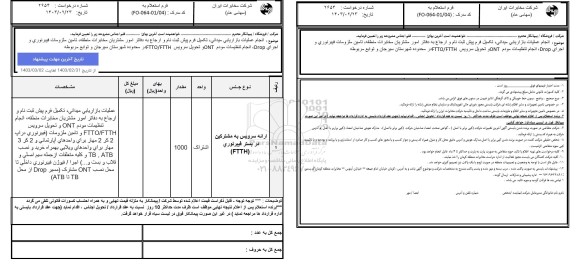 استعلام ارائه سرویس به مشترکین در بستر فیبر نوری FTTH