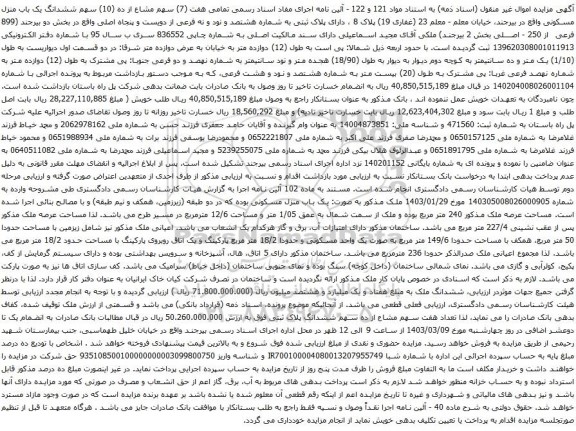 آگهی مزایده ششدانگ یک باب منزل مسکونی واقع در بیرجند، خیابان معلم - معلم 23 (غفاری 19) پلاک 8 