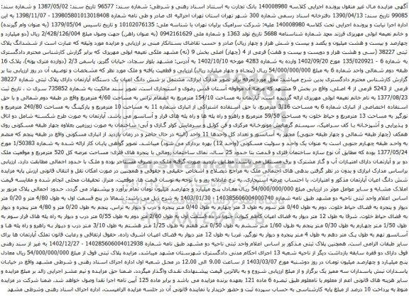 آگهی مزایده ششدانگ پلاک ثبتی 38227 (سی و هشت هزار و دویست و بیست و هفت) فرعی از 4 (چهار) اصلی بخش 9