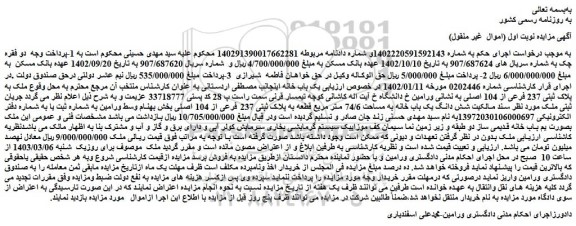 مزایده فروش شش دانگ یک باب خانه به مساحت 74/6 متر مربع قطعه به پلاک ثبتی 237 فرعی از 104 اصلی 