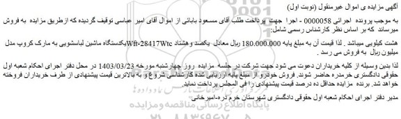 مزایده فروش یکدستگاه ماشین لباسشویی به مارک کروپ مدل Wft-28417Wtc هشت کیلویی