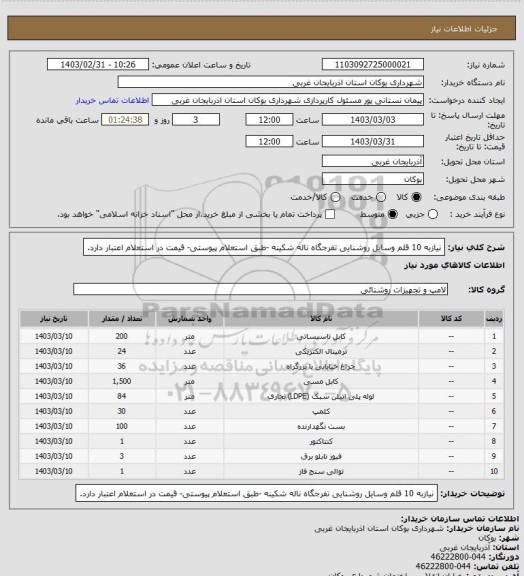 استعلام نیازبه 10 قلم وسایل روشنایی تفرجگاه ناله شکینه -طبق استعلام پیوستی- قیمت در استعلام اعتبار دارد.