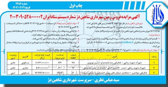 مزایده فروش تعداد 3 قطعه زمین با کاربری مسکونی و تجاری