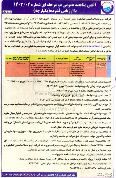 مناقصه طرح تامین لوازم انشعابات آب مشترکین استان 