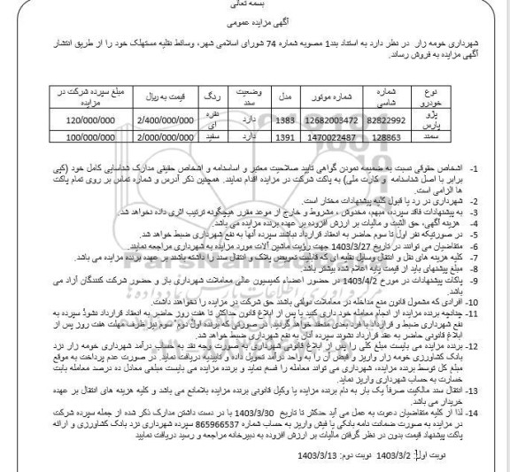 مزایده وسائط نقلیه مستهلک