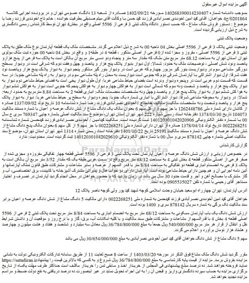 مزایده فروش ملک وضعیت ثبتی پلاک 3 فرعی از 5596 اصلی
