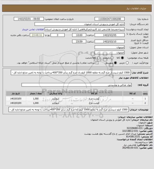 استعلام 1500 کیلو شینسل مرغ گرم به علاوه 1000 کیلو ران مرغ گرم سایز 350*400-پرداخت با توجه به تامین منابع اداره کل -