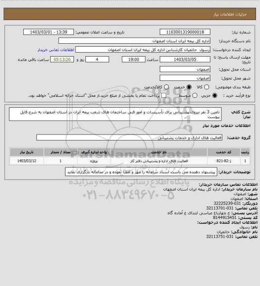 استعلام تامین 3 نفر نیروی پشتیبانی برای تأسیسات و امور فنی ساختمان های شعب بیمه ایران در استان اصفهان به شرح فایل پیوست