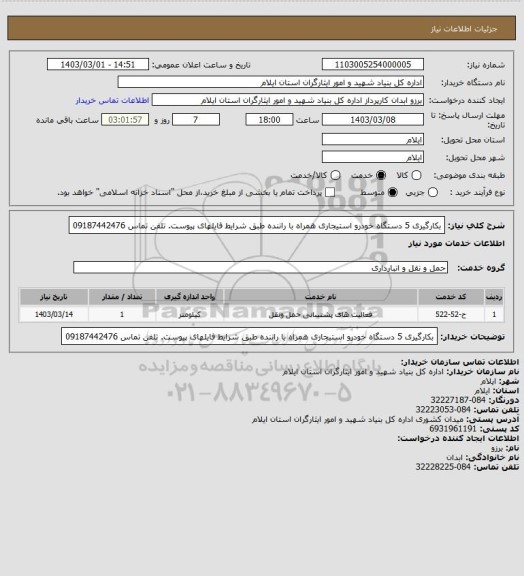 استعلام بکارگیری 5 دستگاه خودرو استیجاری همراه با راننده طبق شرایط فایلهای پیوست. تلفن تماس 09187442476