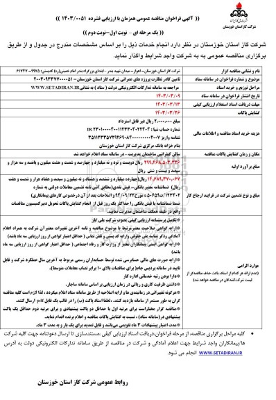 مناقصه عمومی تامین کادر نظارت بر پروژه های عمرانی...