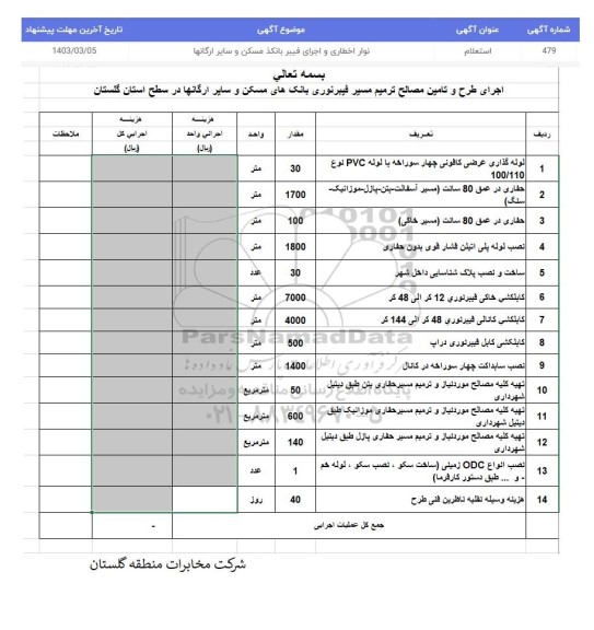 استعلام اجرای طرح و تامین مصالح ترمیم مسیر فیبر نوری بانکهای مسکن و سایر ارگانها
