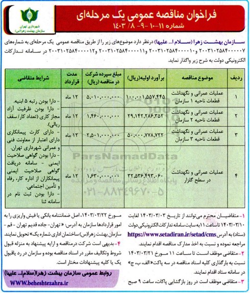 مناقصه عملیات عمرانی و نگهداشت قطعات....