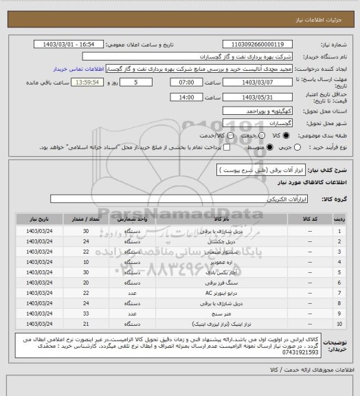 استعلام ابزار آلات برقی (طبق شرح پیوست )