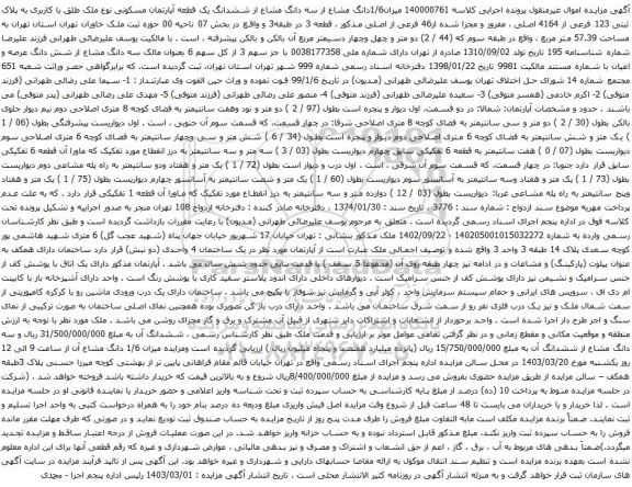 آگهی مزایده میزان1/6دانگ مشاع از سه دانگ مشاع از ششدانگ یک قطعه آپارتمان مسکونی نوع ملک طلق با کاربری به پلاک ثبتی 123 فرعی از 4164 اصلی