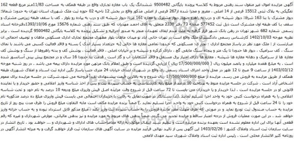 آگهی مزایده ششدانگ یک باب مغازه تجاری واقع در طبقه همکف به مساحت 11/83متر مربع