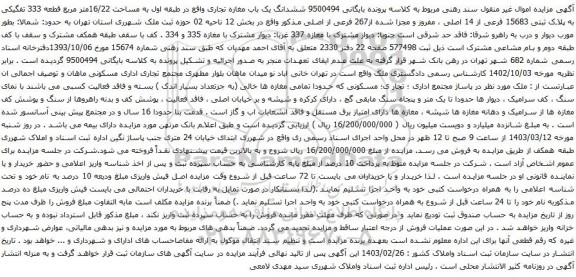 آگهی مزایده ششدانگ یک باب مغازه تجاری واقع در طبقه اول به مساحت 16/22متر مربع قطعه 333 تفگیکی به پلاک ثبتی 15683 فرعی از 14 اصلی