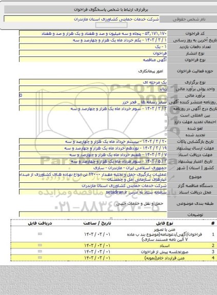 مناقصه, عملیات بارگیری حمل و تخلیه مقدار ۲۲۰۰۰ تن انواع نهاده های کشاورزی از مبداء انبارهای سازمانی آمل و چمستان