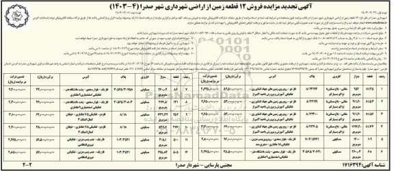 تجدید مزایده فروش 12 قطعه زمین از اراضی - نوبت دوم