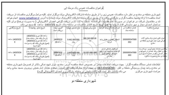 مناقصه اجاره اکیپ شماره یک ماشین آلات عمرانی ....