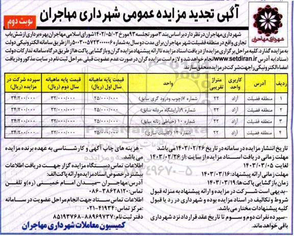 مزایده بهره برداری از شش باب تجاری- تجدید - نوبت دوم