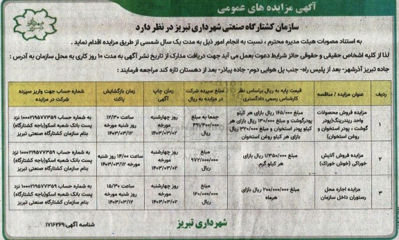 مزایده فروش محصولات واحد ریندرینگ....