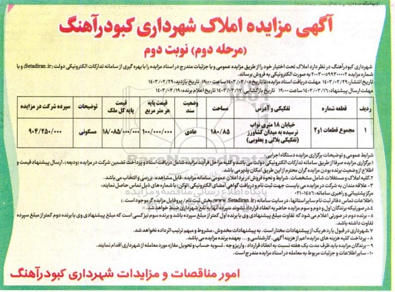 مزایده فروش املاک تحت اختیار - مرحله دوم