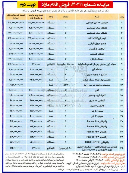 مزایده فروش اقلام مازاد، جرثقیل 70 تن هیتاچی ... نوبت دوم