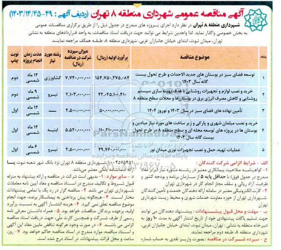 مناقصه عمومی توسعه فضای سبز در بوستان های جدید الاحداث و طرح تحول بیست گانه...