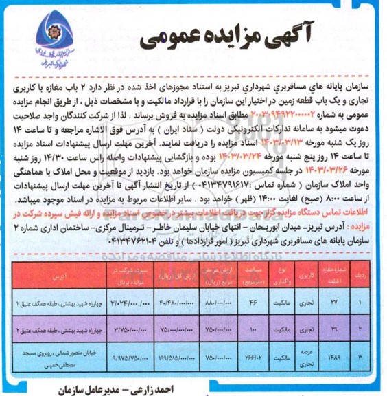 مزایده فروش 2 باب مغازه با کاربری تجاری و یک قطعه زمین