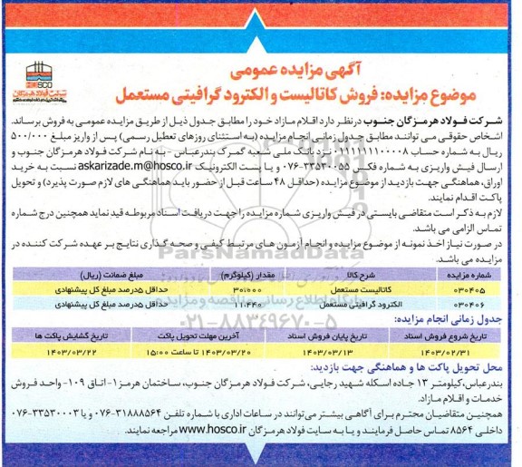 مزایده فروش کاتالیست و الکترود گرافیتی مستعمل