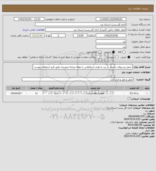 استعلام حمل مرسولات پستی از یزد به هرات و بالعکس با نقطه مبادله مروست طبق فرم استعلام پیوست