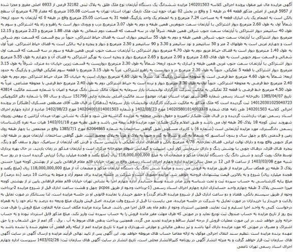 آگهی مزایده ششدانگ یک دستگاه آپارتمان نوع ملک طلق به پلاک ثبتی 32182 فرعی از 6933 اصلی مفروز و مجزا شده از 5957 فرعی از اصلی 