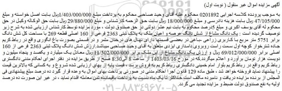 مزایده فروش یک دانگ مشاع از شش دانگ عرصه و اعیان ملک به پلاک ثبتی 2363 فرعی از 160 اصلی قطعه 269 
